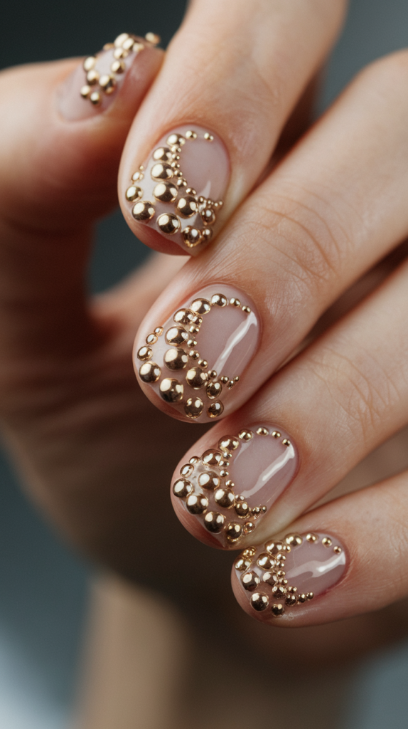 Clear nails with a crescent moon shape made from small gold studs.
