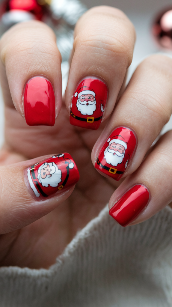 Nails featuring a detailed Santa Claus face with a jolly expression, fluffy white beard, and iconic red hat