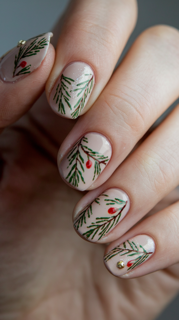 Nude nails featuring intricate green pine branches and red berries for a nature-inspired holiday look