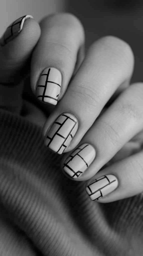 Negative Space Designs: Nude nails with geometric cutouts and clean lines creating a modern negative space effect.
