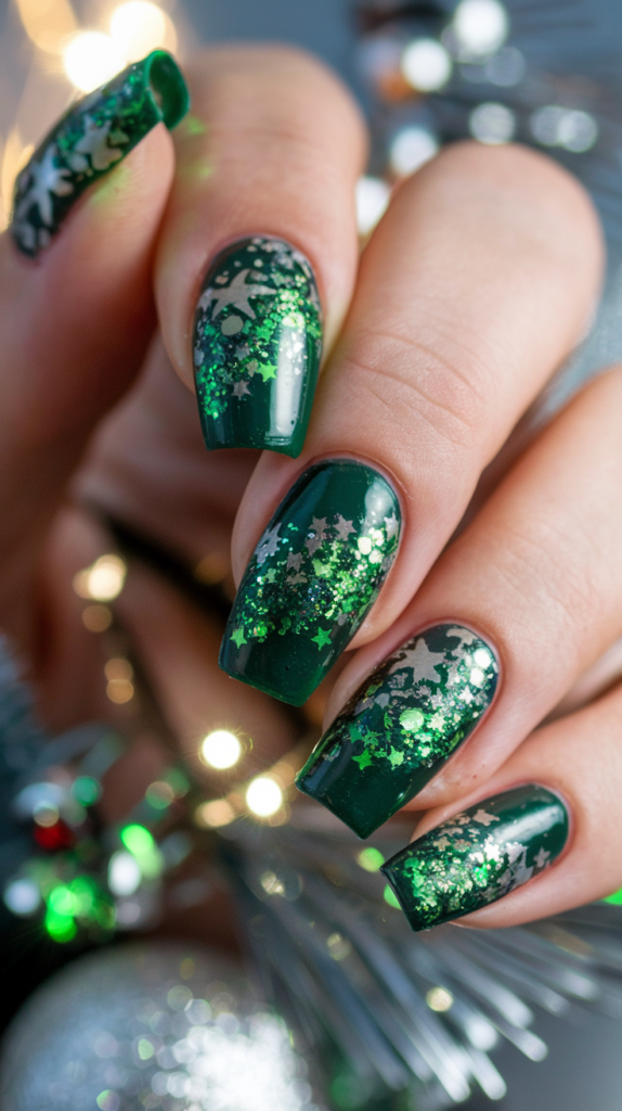 Coffin-shaped nails with a forest green base, overlaid with green and silver glitter