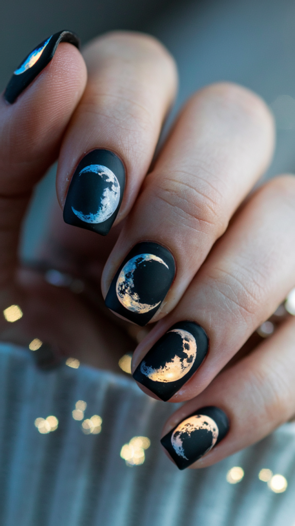 Crescent moons, full moons, and new moons scattered across nails