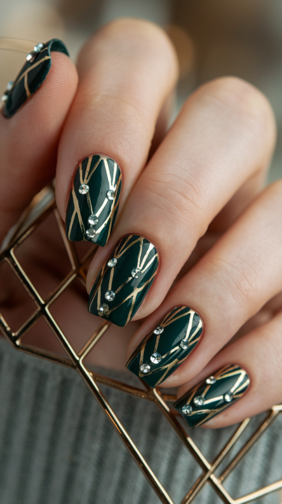 Dark green nails with gold striping and rhinestone embellishments, offering a luxurious and opulent Art Deco-inspired manicure.
