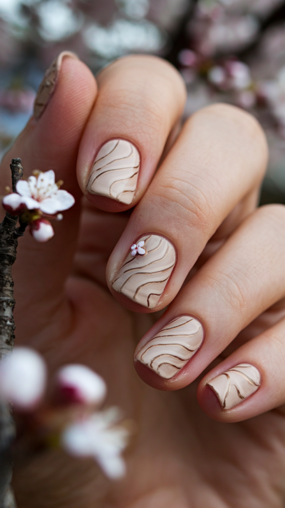 Zen Garden Nails: Neutral-toned nails with textured lines mimicking raked sand and tiny rocks representing a Zen garden.