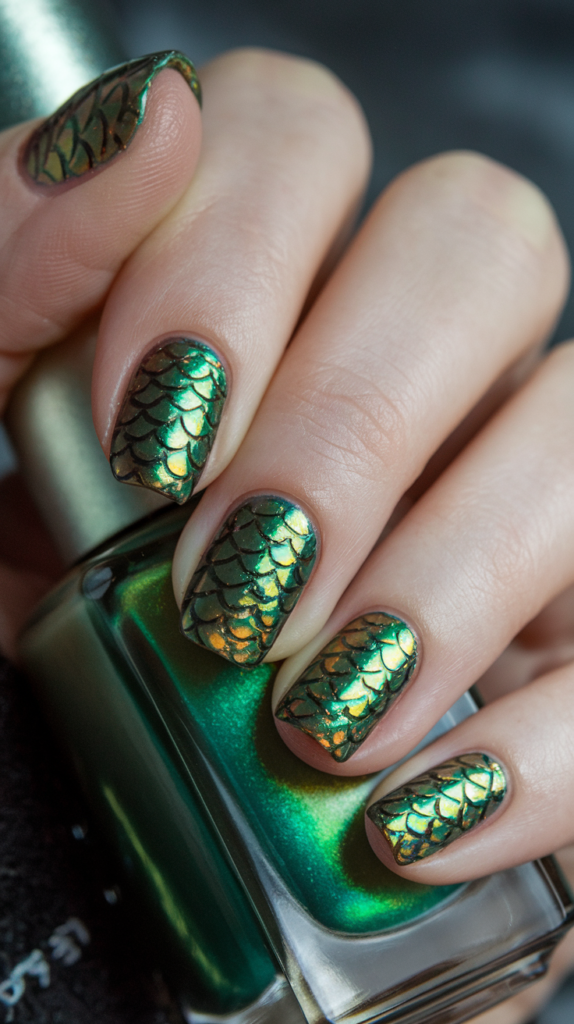 Metallic green dragon scale nail art with raised scales and a glowing, mystical effect