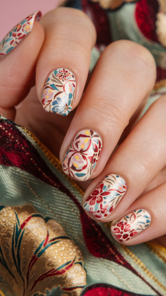 Kimono Pattern Nails: Nails adorned with floral and geometric patterns inspired by kimono fabrics, with soft, seasonal colors.
