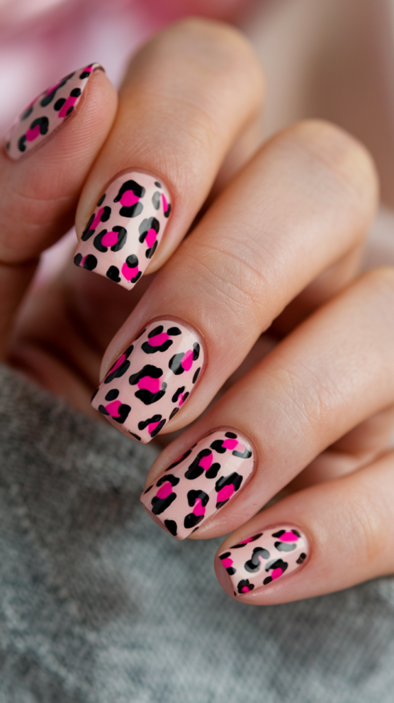 Nude nails adorned with pink leopard spots outlined in black, offering a trendy animal-print design.