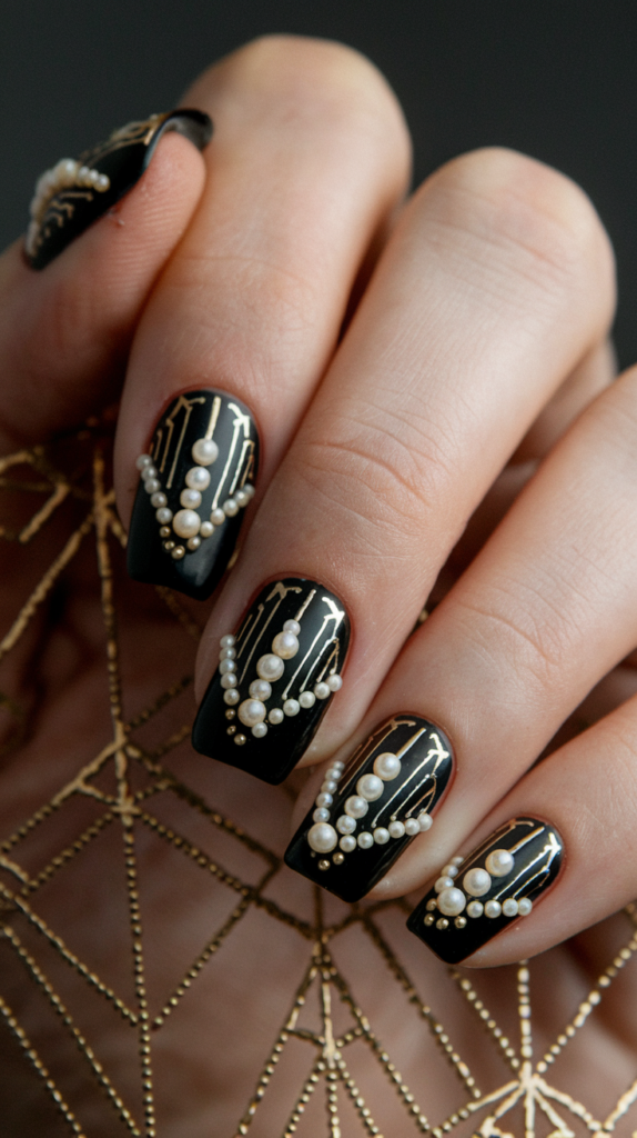 Black nails with small pearl dots arranged in geometric shapes, creating a vintage-inspired and elegant Art Deco design.
