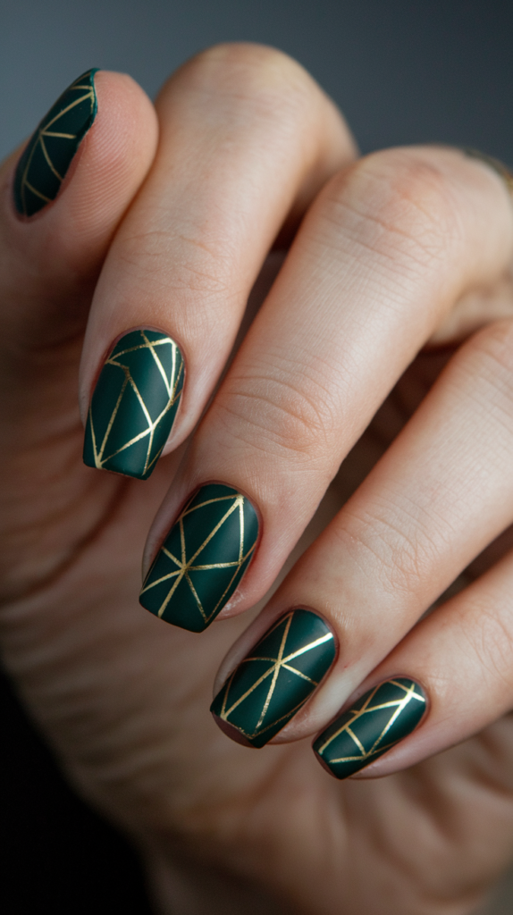 Deep emerald green nails with sharp, geometric gold lines, evoking the luxurious feel of Art Deco jewelry.
