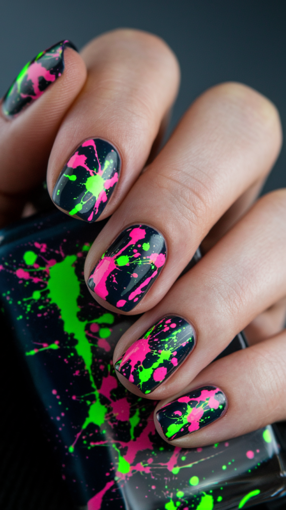 Bold neon splatters in pink, lime green, and orange over a deep black base for a high-energy look.