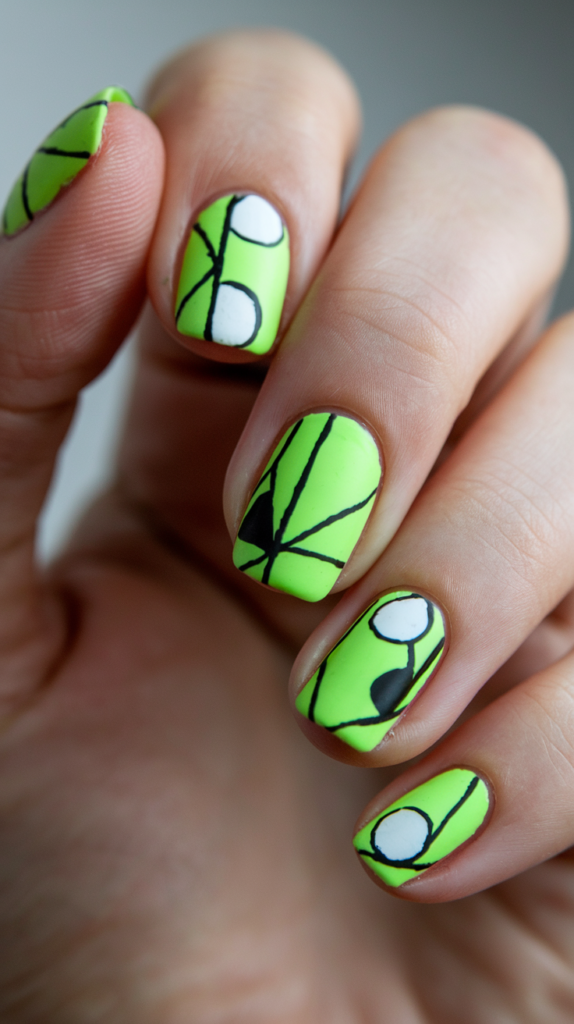 Bold neon green nails with geometric black and white accents