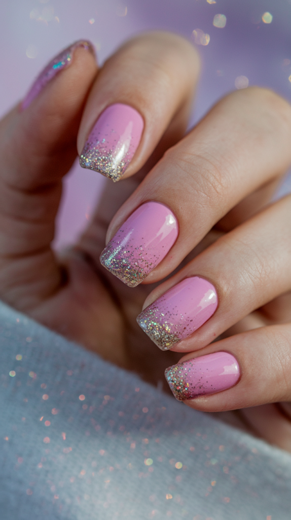 Nails with a glitter ombre effect, transitioning smoothly from solid pink at the base to glitter tips.

