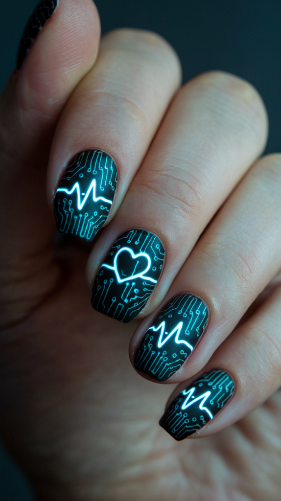 Circuit Heart Design – Black nails with a heart shape made from metallic circuit patterns, glowing under UV light.
