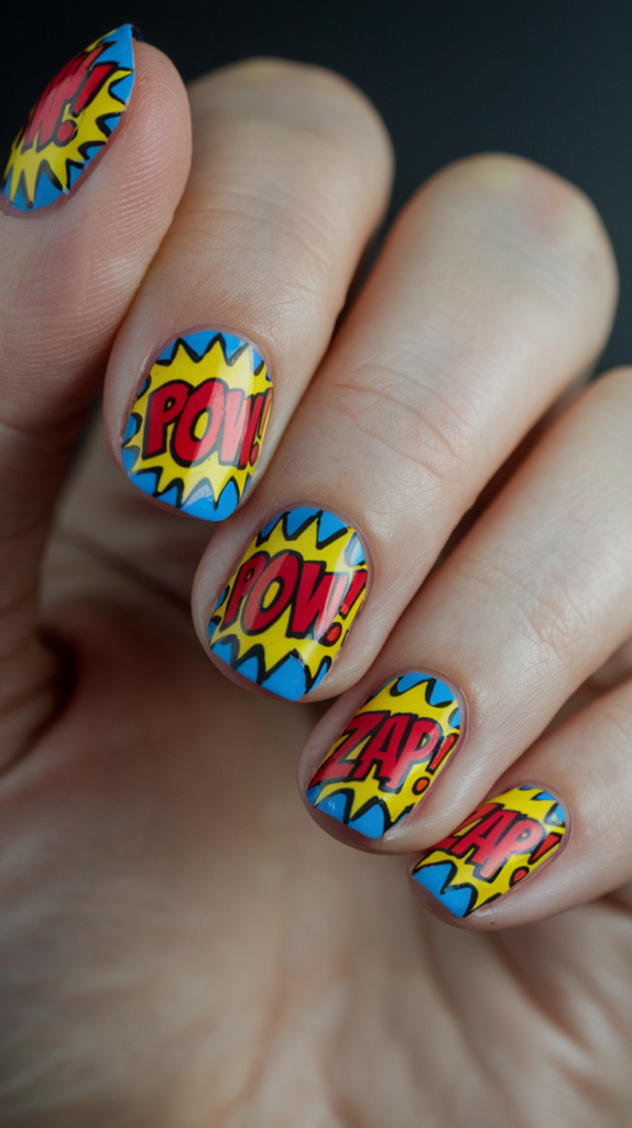 Nails with colorful comic book speech bubbles saying 'Pow!' and 'Zap!' in bold fonts.

