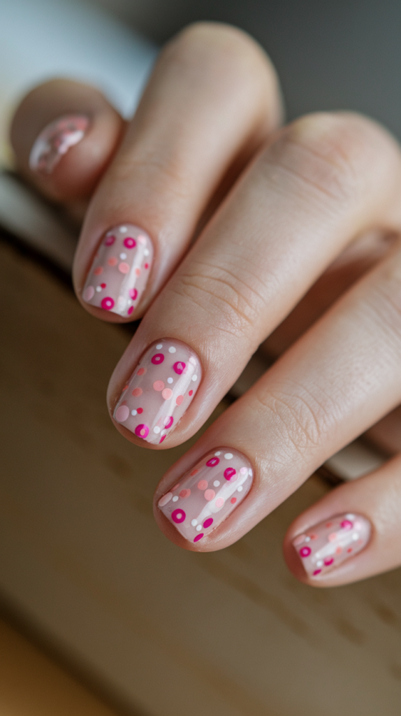 Nude nails with tiny pink dots placed evenly across each nail, creating a simple yet stylish minimalist design.

