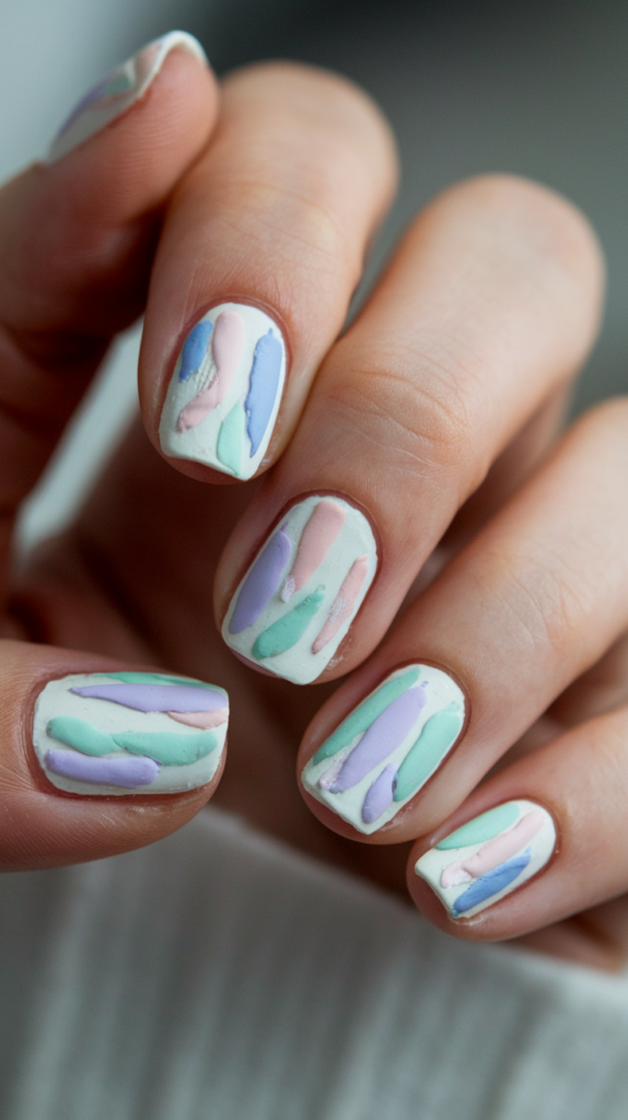 Soft pastel brushstrokes in shades of pink, blue, and lavender on a nude base, blending in an abstract pattern.