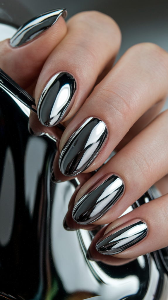 Glossy mirror-like chrome nails with a smooth, silver metallic finish reflecting light.