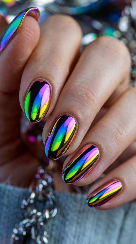 Vibrant chrome nails shifting through rainbow colors under different light angles