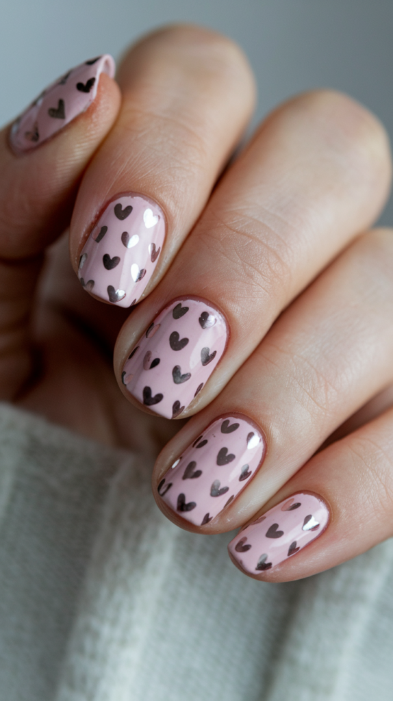 Light pink nails with tiny hand-painted hearts in various pink shades, creating a playful and sweet manicure.

