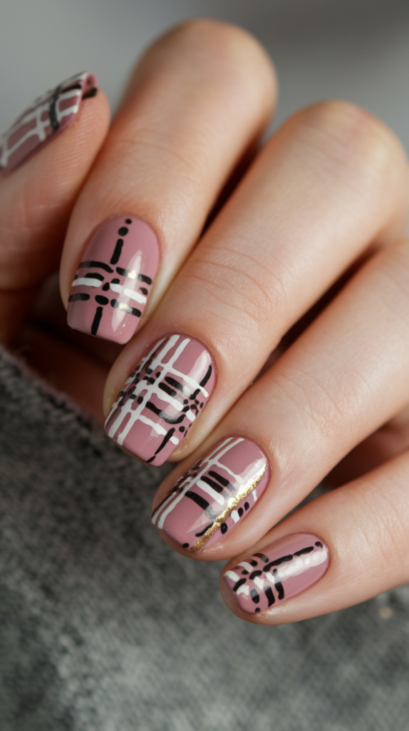 Muted pink nails with intricate plaid patterns in white, gray, and gold, capturing the cozy vibe of fall.

