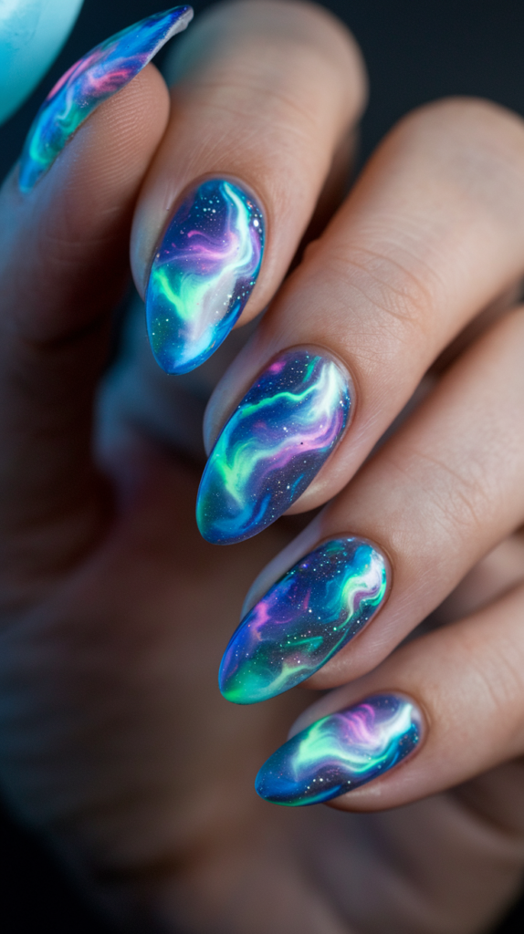 Neon galaxy nails with glowing blue, purple, and green swirls and stars