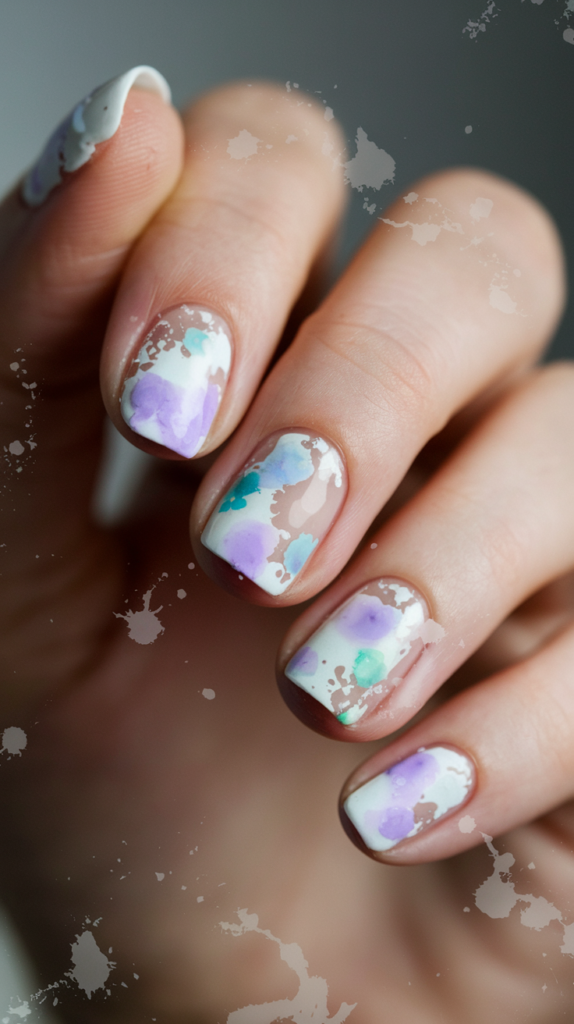 Nails featuring delicate watercolor splatters in soft hues of lilac, mint green, and sky blue on a semi-transparent white base.

