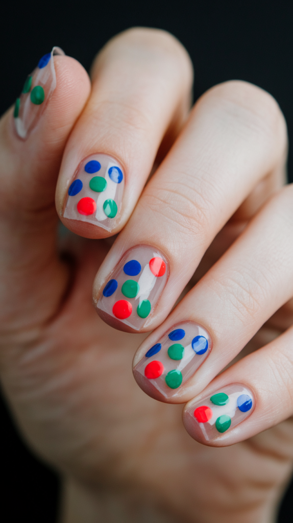 Negative Space Dots: Transparent nails with bold polka dots scattered throughout.
