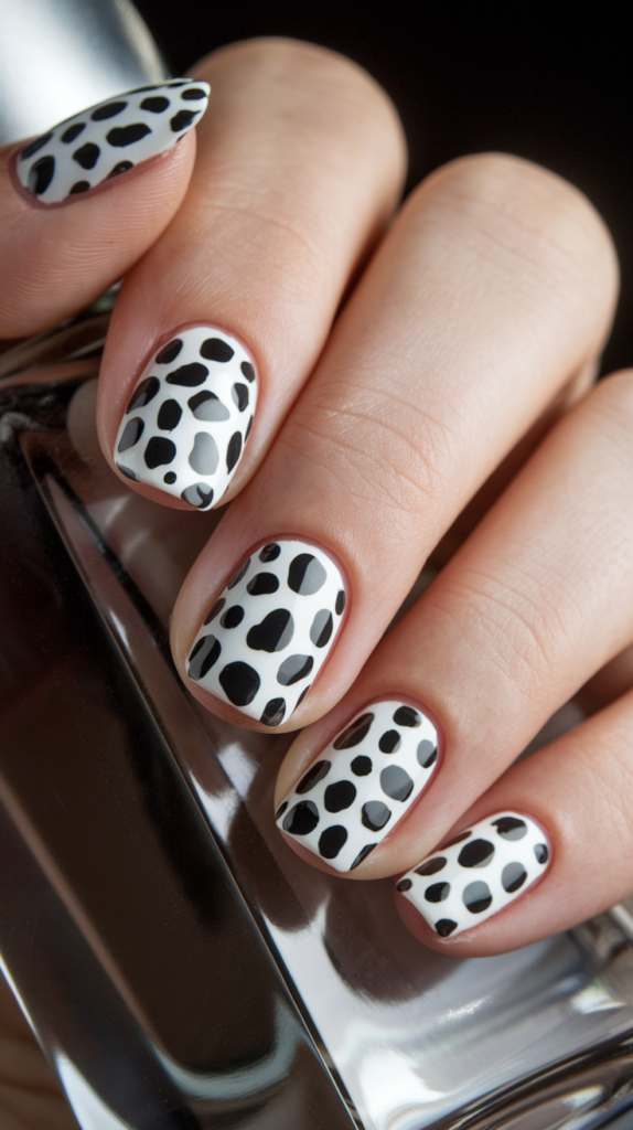 White nails with playful black Dalmatian spots on a glossy surface for a cute and fun look