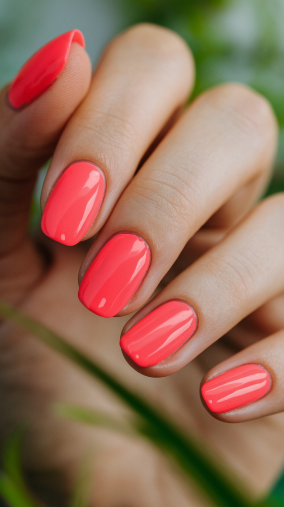 Bright hot pink nails with a glossy finish, channeling the bold and vibrant Barbie aesthetic.

