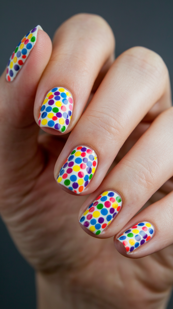 Rainbow Dots: A white or neutral base with rainbow-colored polka dots on each nail.
