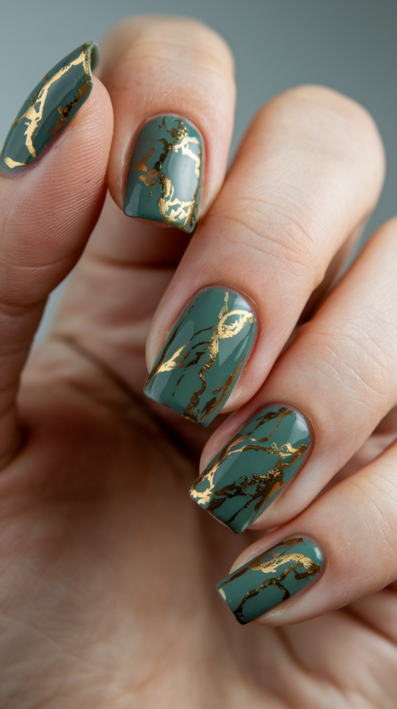 Nails with hunter green marble patterns and streaks of gold foil