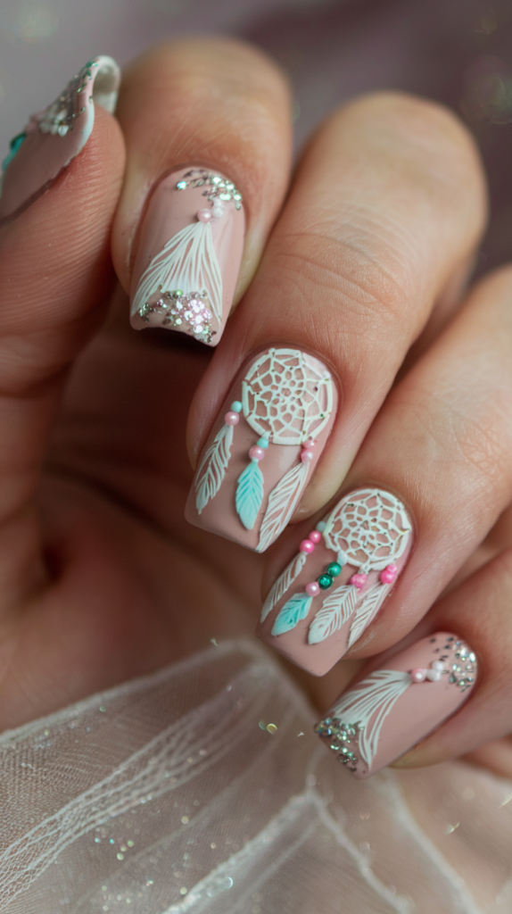 Dreamcatcher Nails – Intricate dreamcatcher designs on nude or pastel backgrounds.
