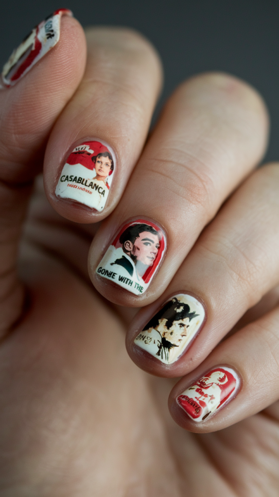 Nails with tiny hand-painted film posters, including retro classics like Casablanca.

