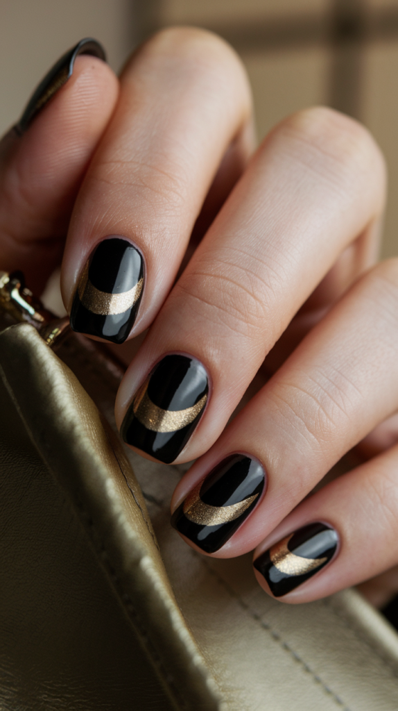 Black nails with gold half-moon shapes at the base, offering a classic Art Deco contrast of black and gold.
