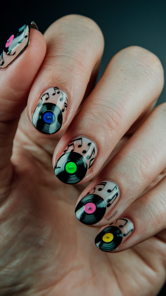 Nails with miniature vinyl discs and colorful center labels over a black base.

