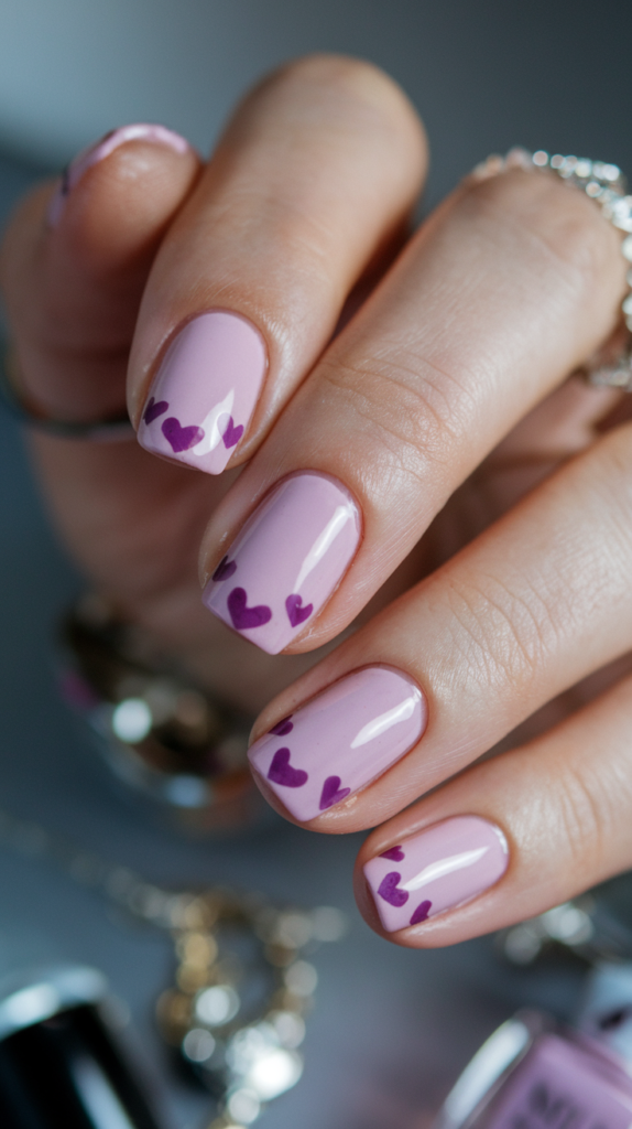 Tiny Heart Accents on Light Nails – Light-colored nails with miniature purple hearts drawn near the tips, adding a cute and feminine touch