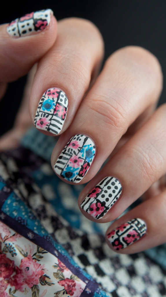 Nails with tiny teapot and teacup designs in pastel colors, along with floral accents.

