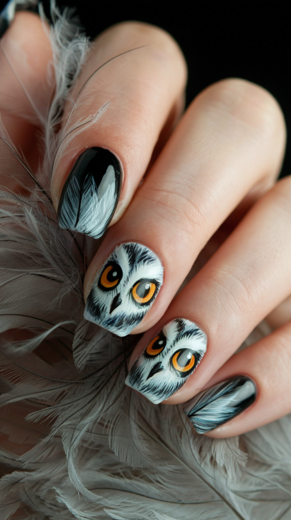 Neutral-toned nails featuring large, expressive owl eyes with earthy feather accents