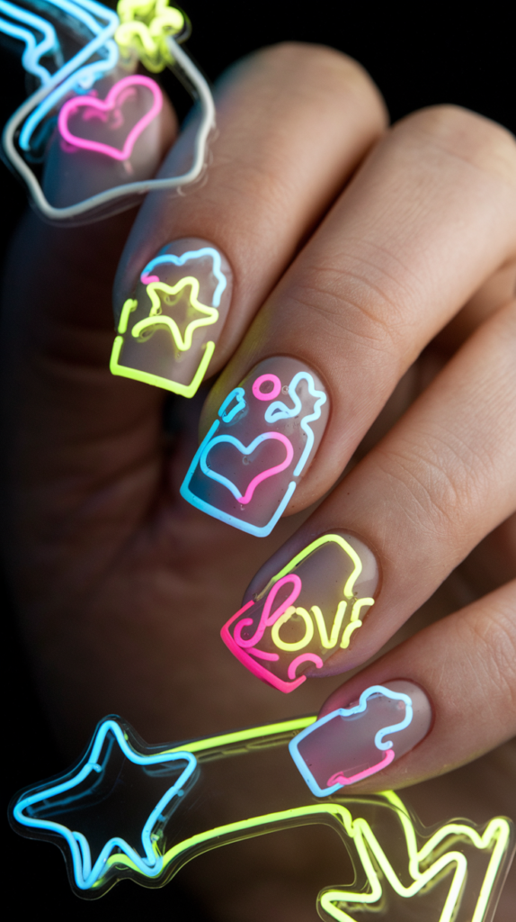 Neon sign-inspired nails with glowing hearts, stars, and 'LOVE' text