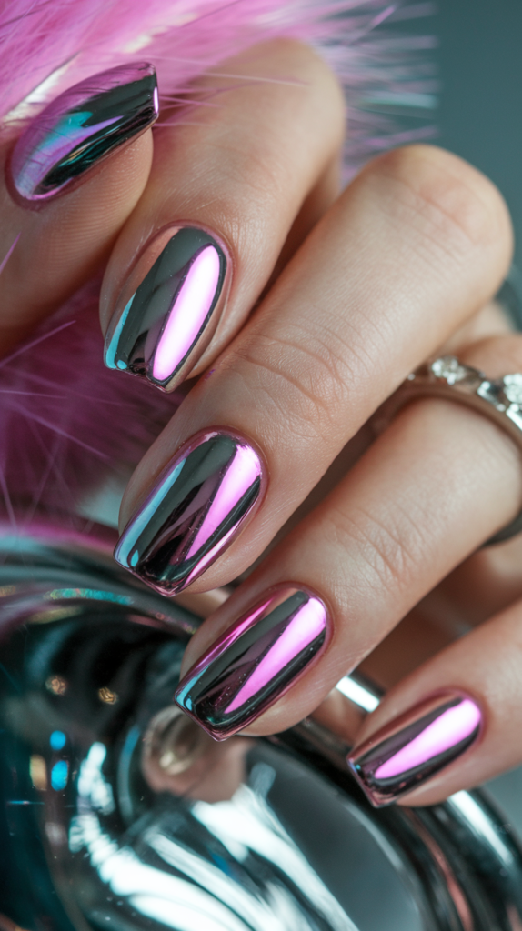 High-shine chrome nails in vibrant pink, reflecting light with a mirror-like metallic finish.

