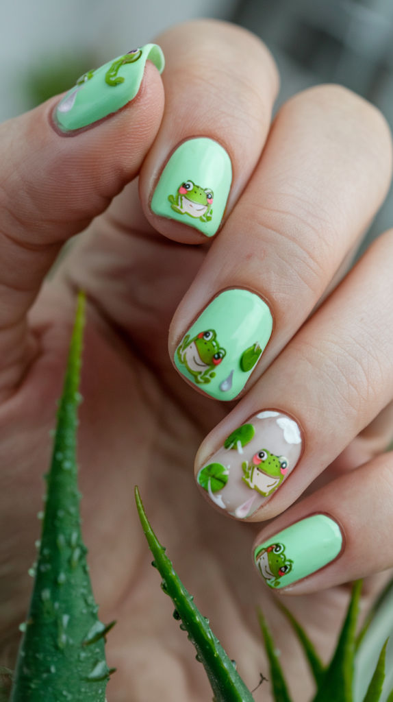 Cartoon frogs and lily pads painted on mint green nails