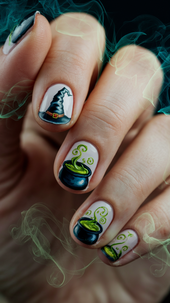 Playful witchy motifs in dark purple and green.
