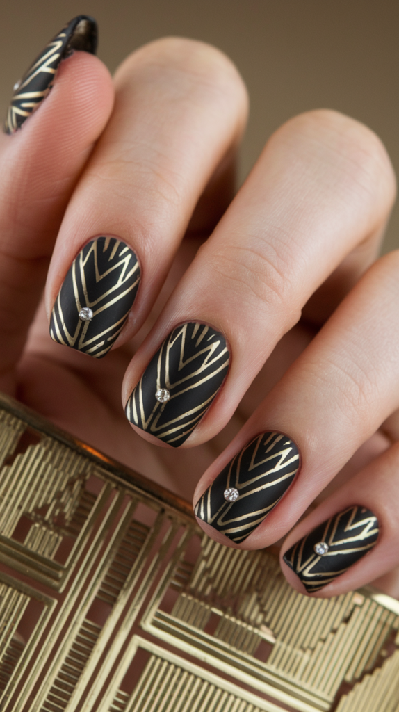 Black nails with intricate geometric gold patterns inspired by the Art Deco era.