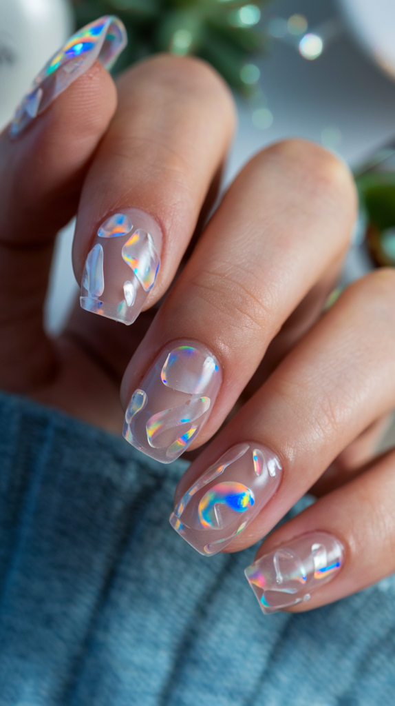 Holographic Stickers – Clear nails with cyber symbols in holographic stickers, reflecting rainbow hues.
