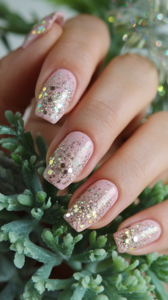 Soft pink nails with silver and gold glitter accents, adding festive sparkle for the holiday season.

