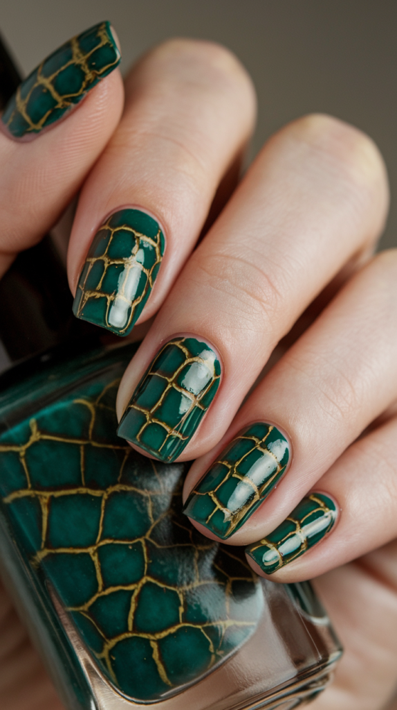 Textured crocodile skin nails in dark green with raised, rectangular scales creating a fierce look