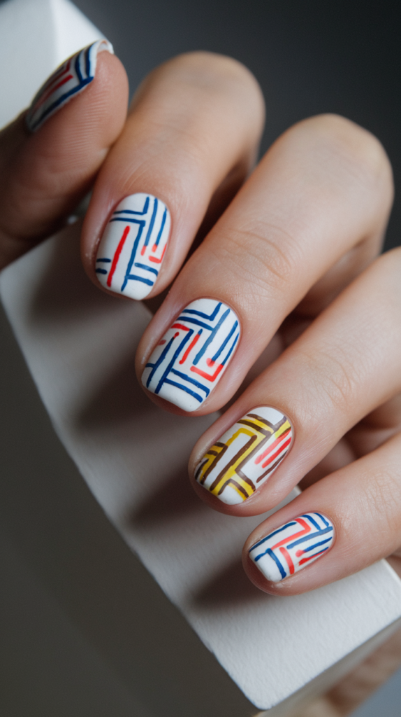 Clean, thin lines in red and blue, arranged in abstract geometric patterns on a matte white base.