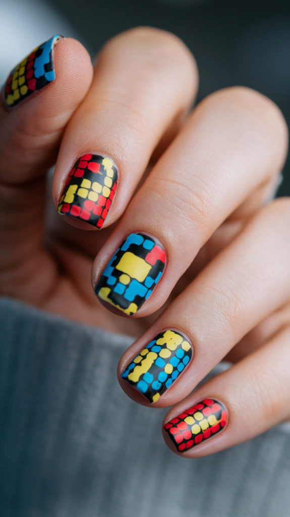 Pixelated squares in red, blue, and yellow arranged in abstract patterns, giving a retro video game aesthetic.