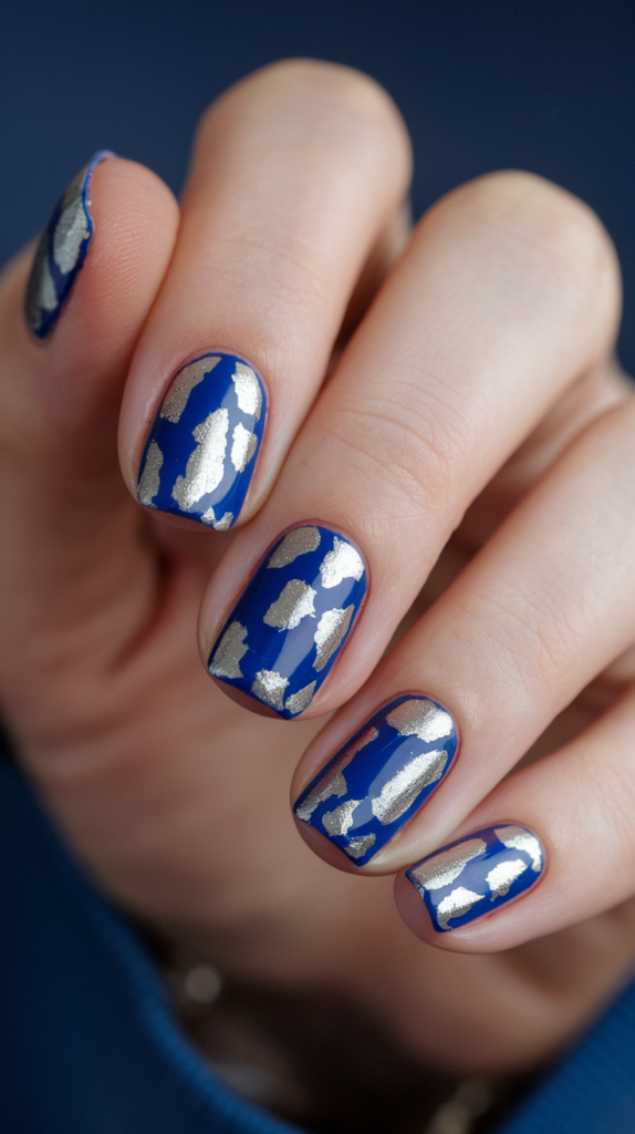 Blue and Silver Foil – Mix of blue polish with metallic silver foil accents