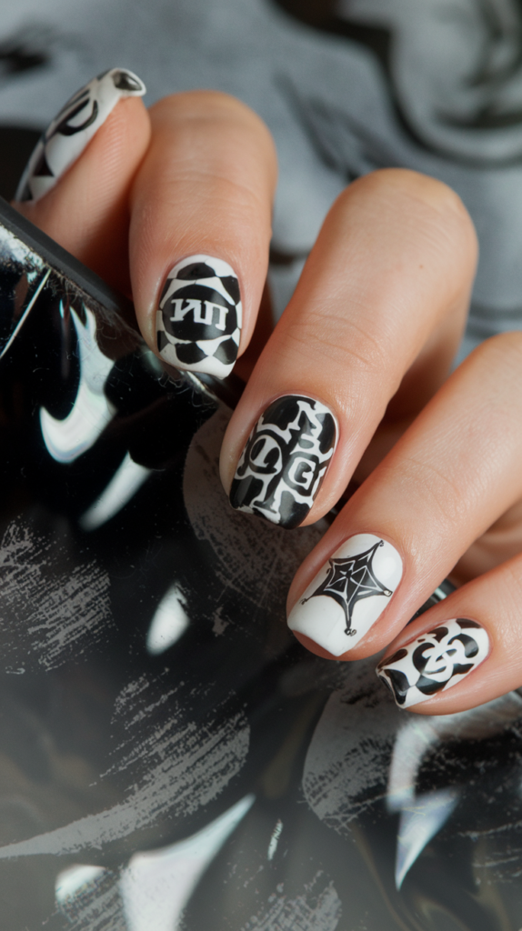 Nails with graffiti-style text showcasing famous hip-hop lyrics in bright colors